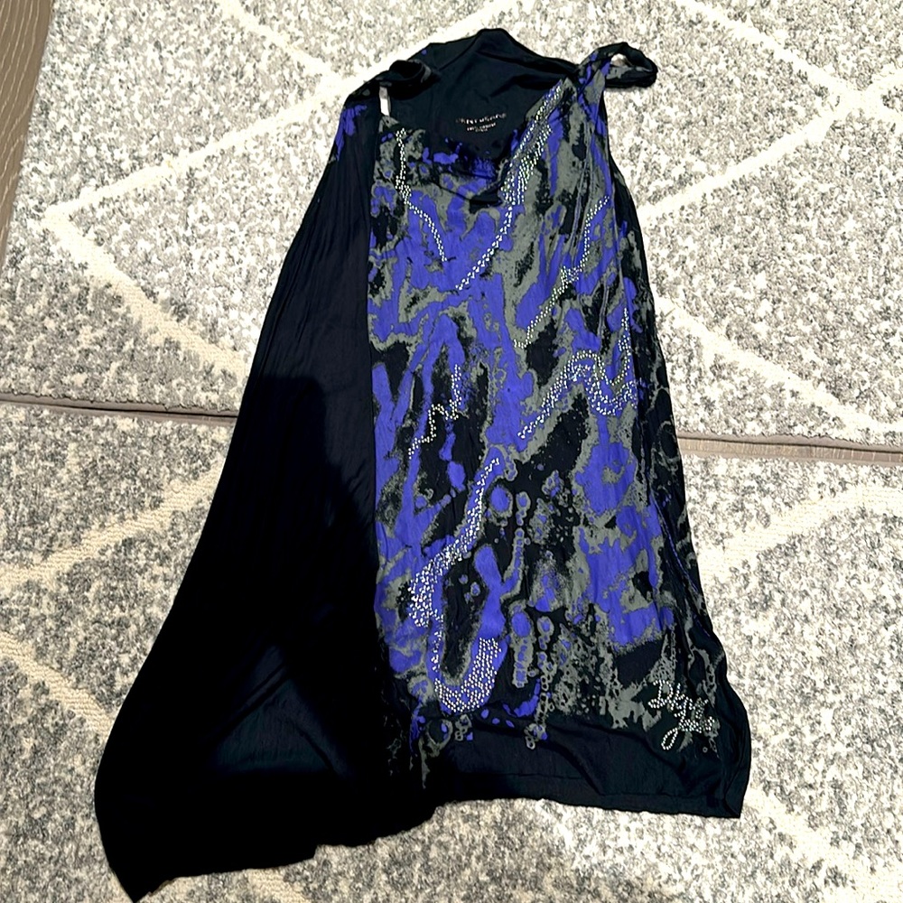 DKNY Asymmetrical dress sleeveless. Purple/black, silver beads. Worn 1x photos.